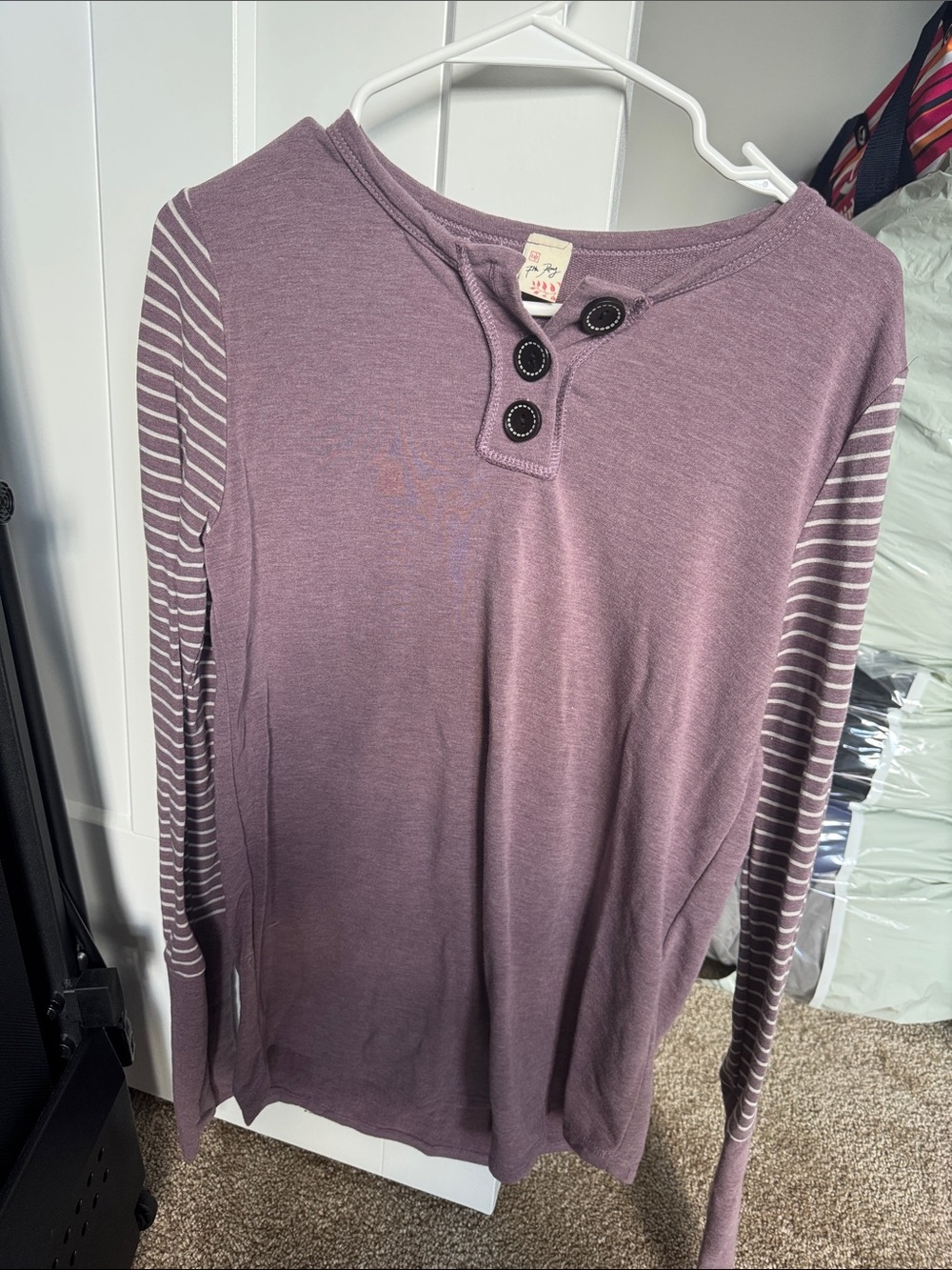 Striped Sleeve Mauve Henley Top - Unknown Brand